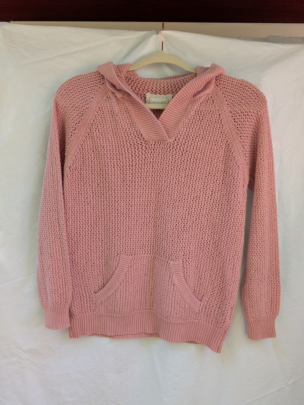Shirt 469 Y2K Mesh Crochet Pullover Hoodie Linen Cotton Pink M